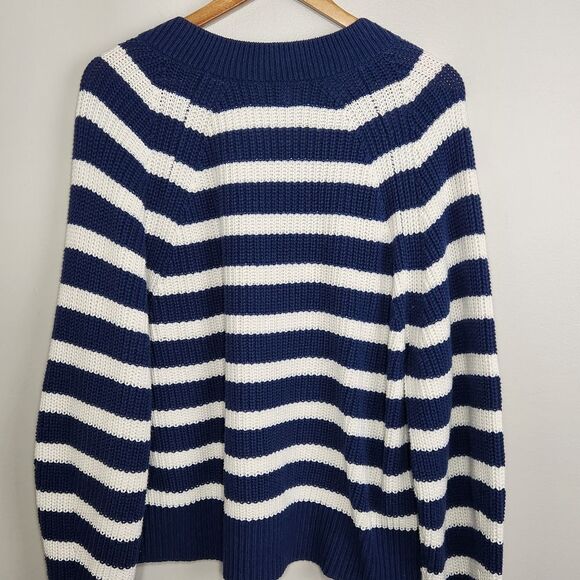 Navy Stripe Sweater VNeck Pullover Cable  Size L oversized - Picture 4 of 12